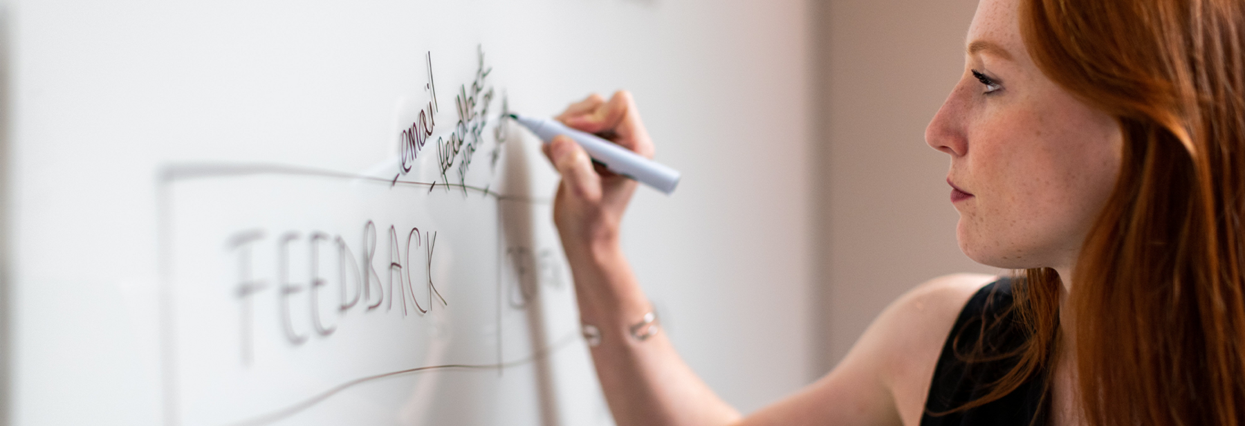 Woman writing a plan on a whiteboard