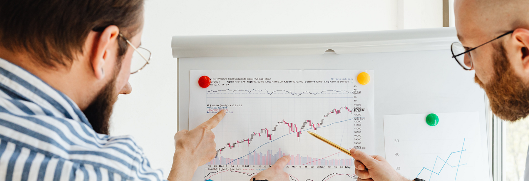 Two people analyzing graph